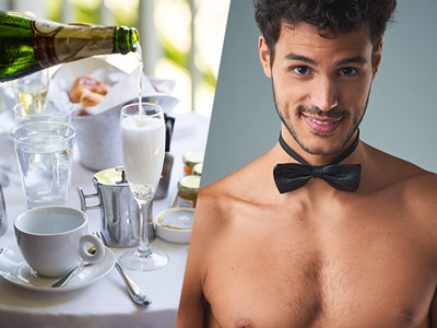 A split image of a glass of champagne being poured and a topless butler at a champagne breakfast