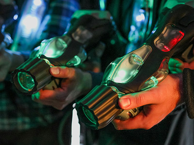 A close up of laser guns at laser tag