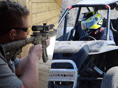 A split image of someone shooting and someone driving a rage buggie at a multi activity day