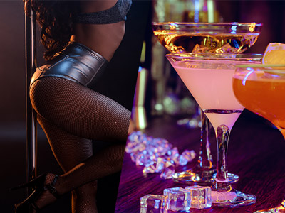 A split image with a stripper on the left and a selection of drinks on the right 