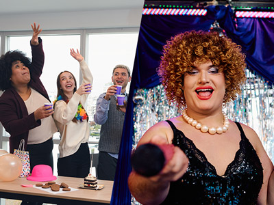 Drag queen host and a group playing party games