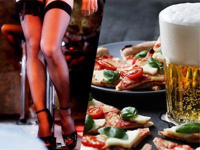 A split image of a stripper's legs and some pizza next to some beer 