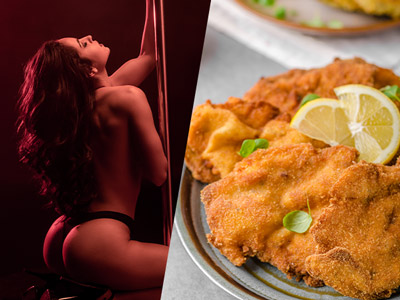 A split image with a stripper pole dancing on one side and a plate of schnitzel on the other 