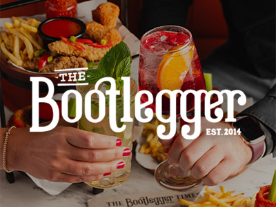 Some food and drinks with the Bootlegger logo layered over it 