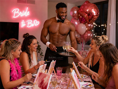 A half naked male butler with a six pack serving glasses of fizz to a hen do group who are doing some paintings 