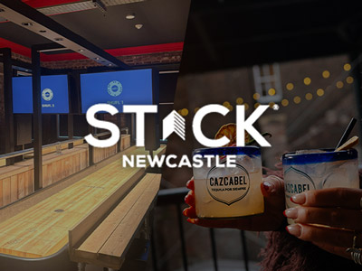 Split image of shuffleboard and someone holding two cocktails with the STACK logo layered over it 