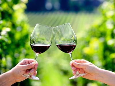 Two people clinking glasses of red wine together