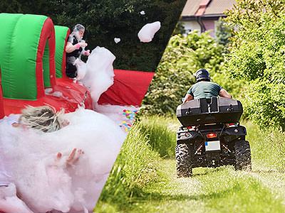 A split image of a woman covered in soap suds and a quad bike being driven down a grass track