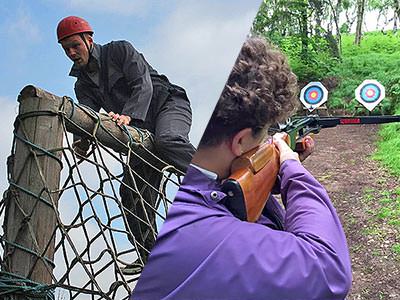 A split image of a man climbing over a net and a person aiming a rifle at a target