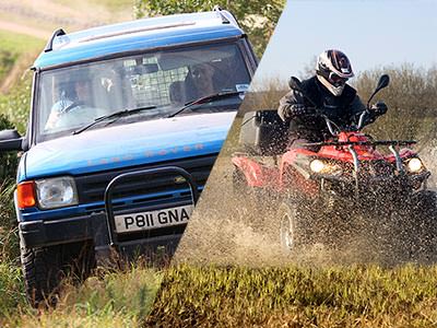 A split image of a Land Rover driving over grass and a quad bike driving through a wet field