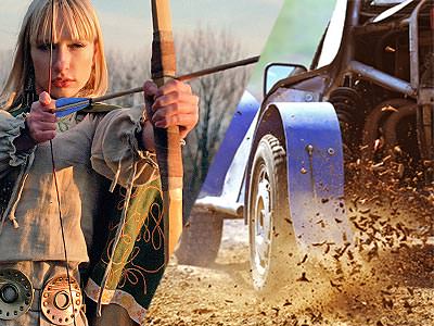 A split image of a woman firing a bow and arrow and some wheels driving fast through mud