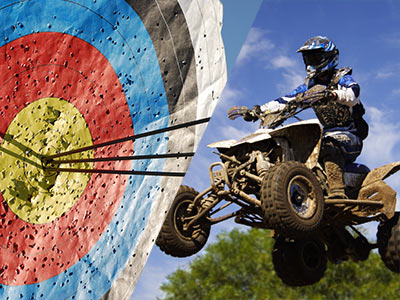 A split image of an archery target and someone in mid air on a quad bike