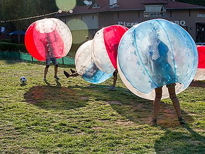 Two red and two blue zorbs with people in