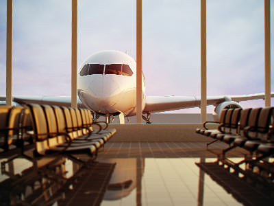 A passenger airliner viewed from an airport departures lounge