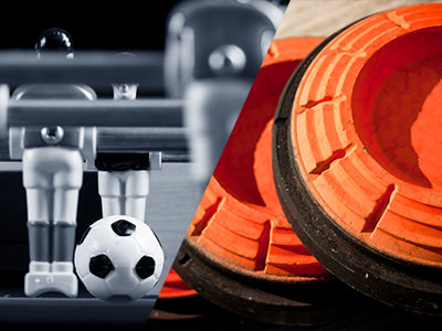 Split image of a players on a football table and orange clay discs