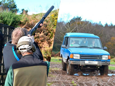 A split image of men firing bows and arrows, and shooting bullets at clays