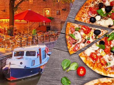 A split image of a boat moored on the canal in Amsterdam and a pizza with a slice being removed