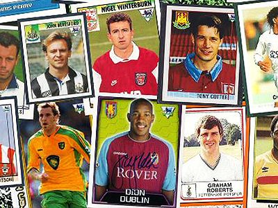 Old footballers on stickers, overlapping each other 