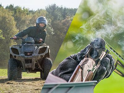 A split image of a person driving a quad bike and an over/under double-barreled shotgun cracked open and smoking