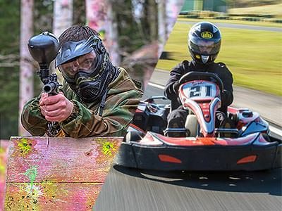 A split image of a man aiming a paintball gun and a go kart on an outdoor track