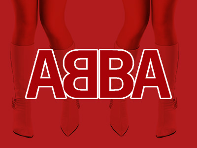 Red and white ABBA block text to a red backdrop, over an image of white go go boots