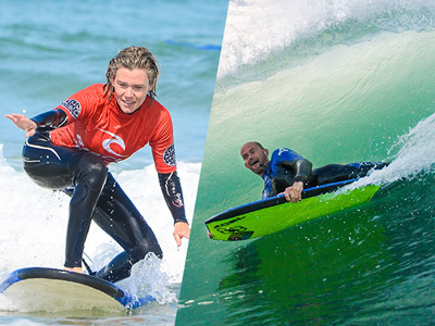 A split image of someone surfing and someone body boarding in Newquay