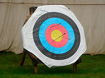 An archery target board with four arrows in 