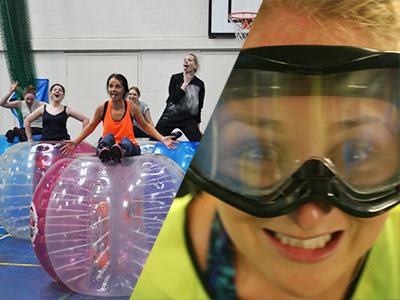 Bubble Mayhen & Goggle Football - Split image of hen group playing bubble football and close up of girl in goggles