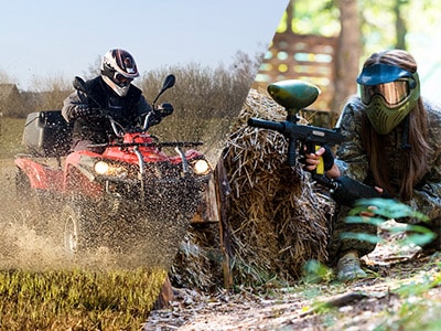 A split image of a person driving a quad bike through water and a girl shooting a paintball gun from behind a haybail