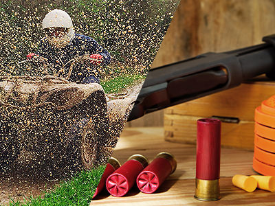 Split image of a man driving a mud buggy with mud flying in the air, and a shotgun barrel and red bullets