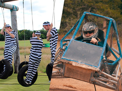 A split image of people going over an obstacle course and someone driving a rage buggie around a dirt track