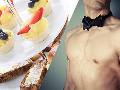 Split image of tiny desserts on a cake stand and a naked male torso in a black bowtie