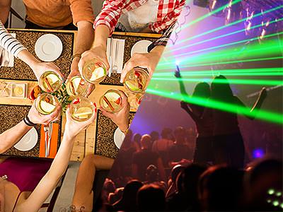 A split image of people clinking their glasses together and a club with green laser lights