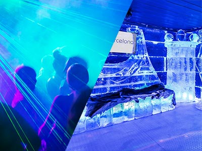 Split image of people dancing in a club to a backdrop of blue light, and the interior of Barcelona ice bar