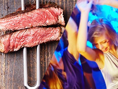Split image of two pieces of meat on a skewer, and women dancing in a club