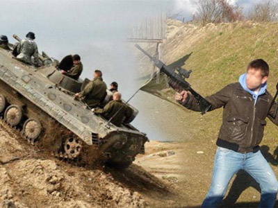 Split image of a stag do group tank in a field and someone shooting a gun in Prague