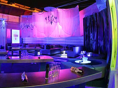 The interiors of TIBU, with pink and blue lighting