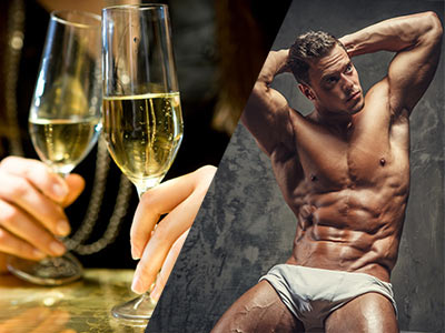 A split image of two women holding glasses of alcohol and a topless man posing