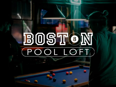 Someone playing pool with the Boston Pool Loft logo overlayed