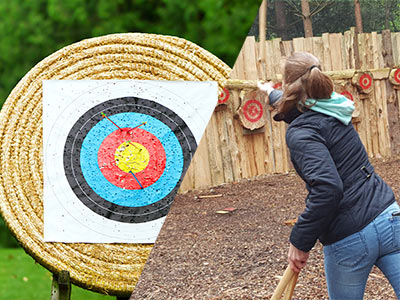 A split image of an archery target and someone throwing an axe at a target