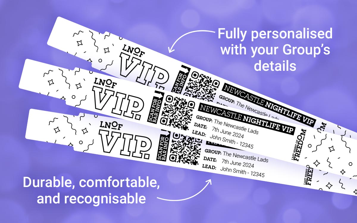 Three wristbands flattened out that have the text Newcastle Nightlife VIP on them with the group name The Newcastle Lads. Text that reads fully personalise with your group’s details and durable, comfortable and recognisable.