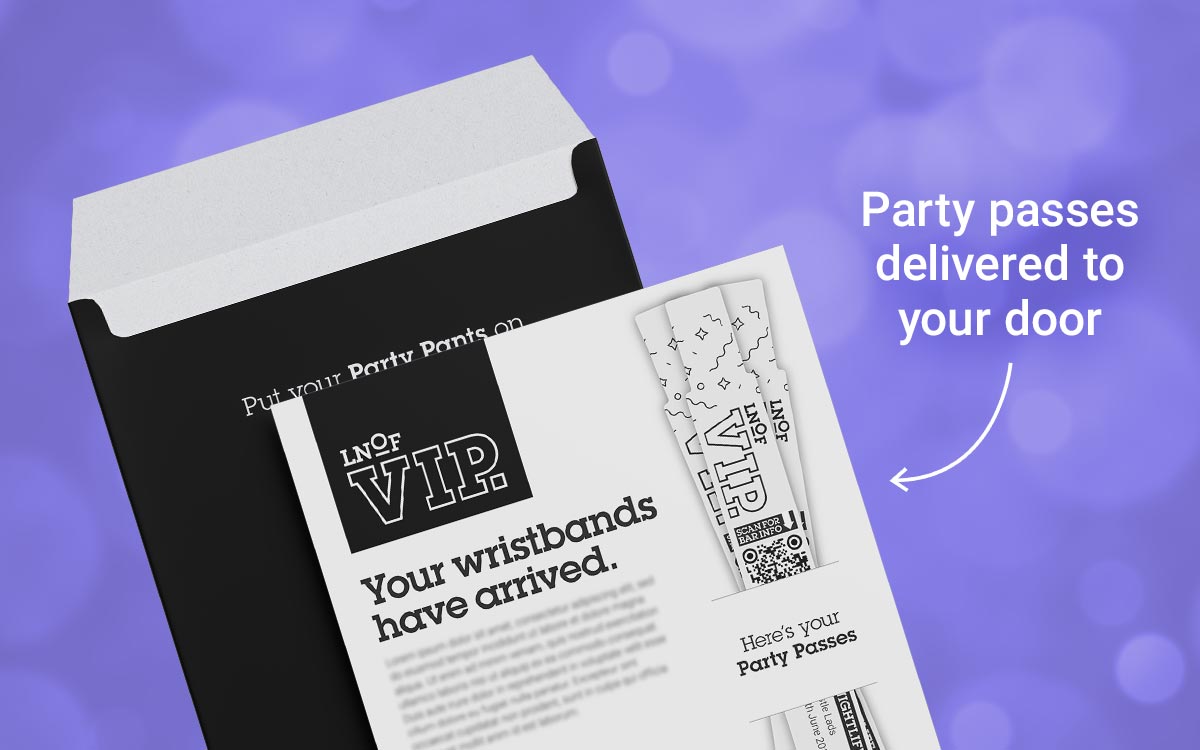 A package containing wristbands and a letter inside that reads your wristbands have arrived. There is also text that reads party passes delivered to your door.