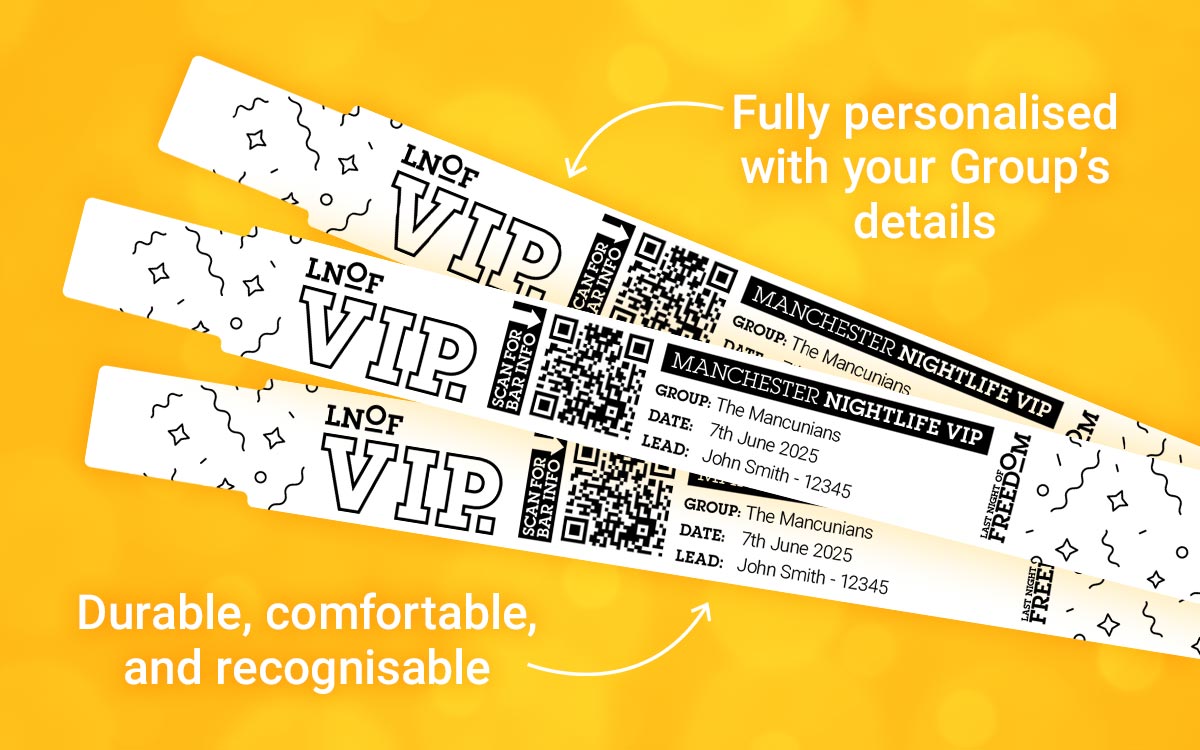 Three wristbands that read LNOF VIP on a yellow background. There’s text around it that reads fully personalised with your group’s details and durable, comfortable and recognisable.