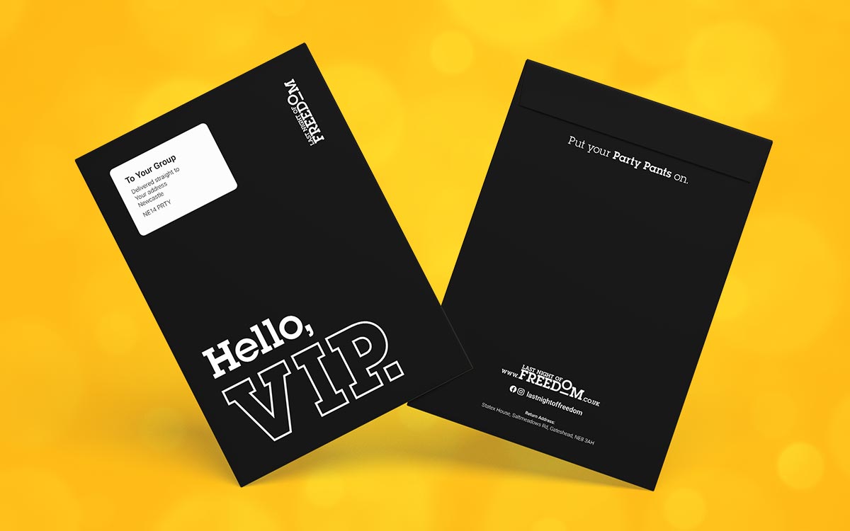 The front and back of a black envelope. The front reads Hello, VIP. And the back reads put your party pants on. 