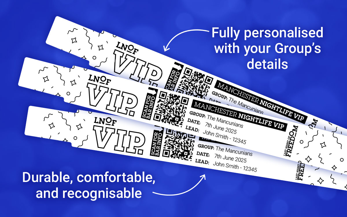 Three VIP wristbands with text that reads 