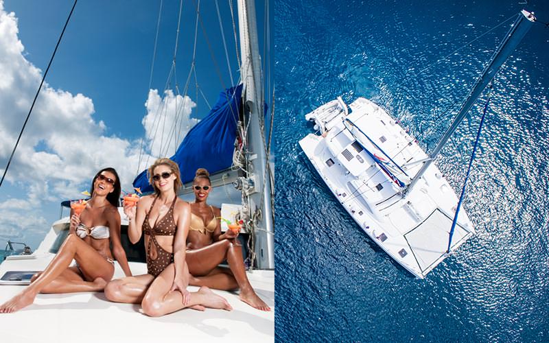 A split image of three women on the decks of a catamaran, drinking cocktails and a bird's eye view of a catamaran on the ocean