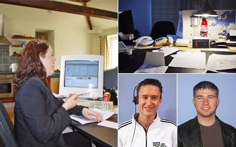 Split image of a woman sat at a desk, one of paper on a desk, and two single images of men posing for a picture 