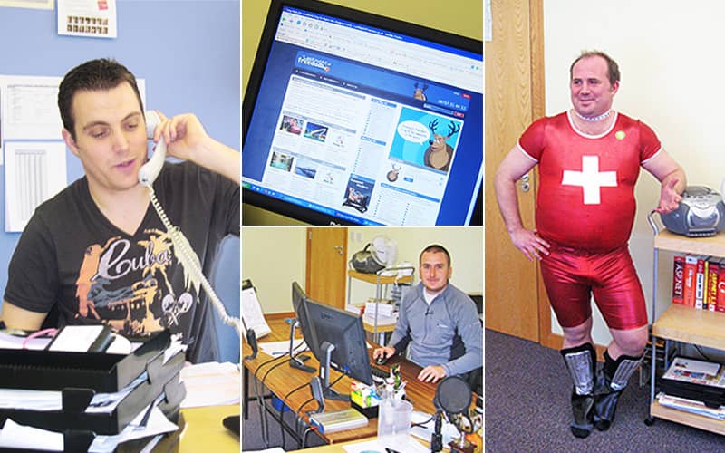 Split image of a man on the phone, a computer screen with the old LNOF website on, a man at a desk, and a man in a red, skintight outfit with a white cross emblazoned on the front