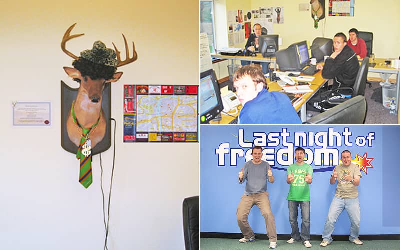 Split image featuring a stag head on a wall wearing a tie and hat, three men in front of a Last Night of Freedom sign, and three men sat at desks 