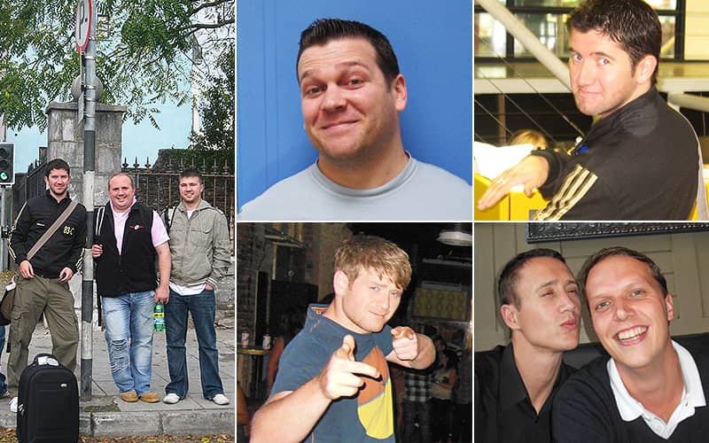 Split image featuring three men leaning on a road sign, three close up, single pictures of men, and one of a close up of two men posing 